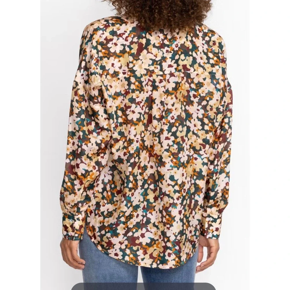 Calme Johnny Was Womens 100% Silk Floral Half Placket Button Blouse Top Size M